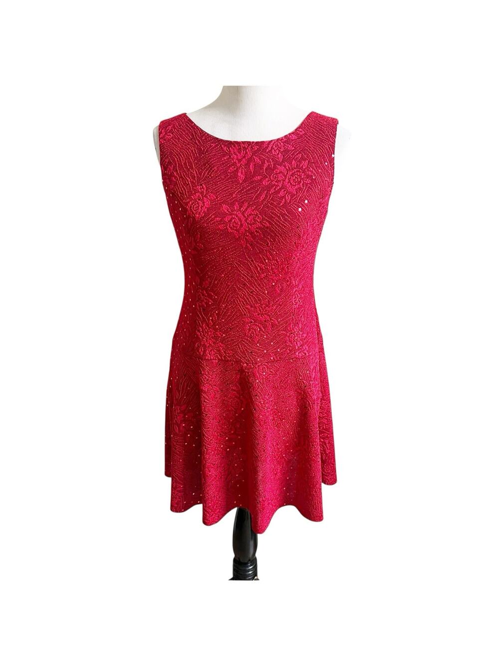 Connected Apparel Red Floral Sparkle Fit & Flare Mini Dress Size 6 Petite Y2K